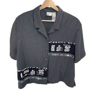 Koret Womens Button Down Shirt Top Short Sleeve Vintage Black White Petite XL